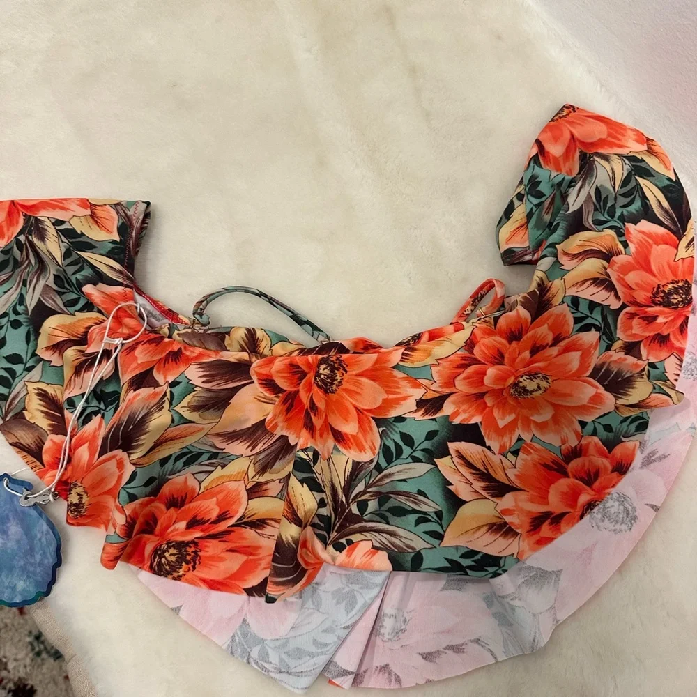 Show Me Your Mumu Orange Floral Bikini Set with Green Leaf Print Size small NWT